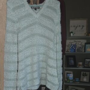 Almost Famous Mint Striped V-Neck Fuzzy Sweater